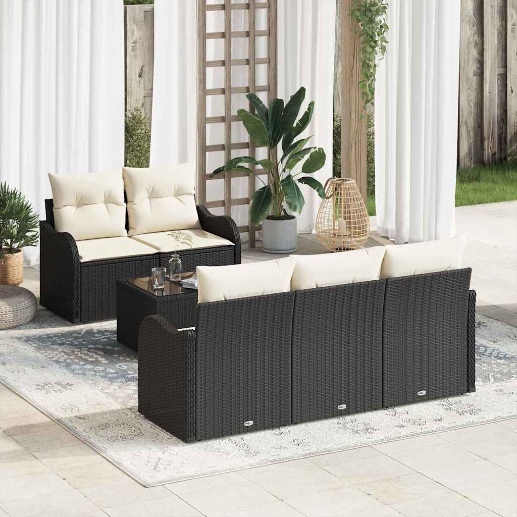 Tuin Sofa Set 6 pcs Zwart en Crème Poly rattan, staal en glas