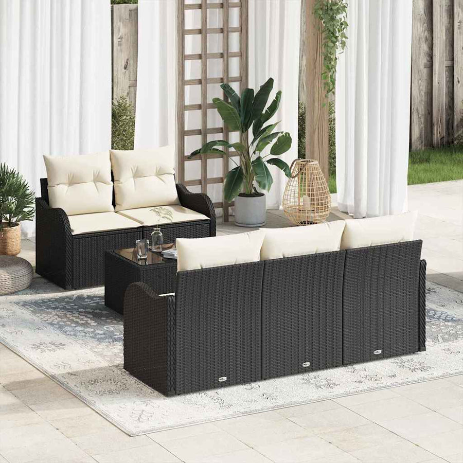 Tuin Sofa Set 6 pcs Zwart en Crème Poly rattan, staal en glas