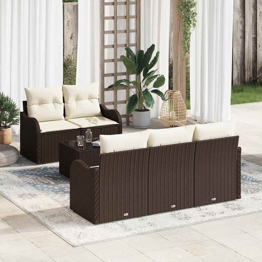 Tuin Sofa Set 6 pcs Bruin en Crème Poly rattan, staal en glas