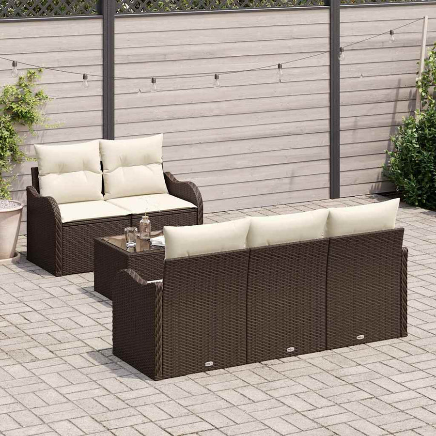 Tuin Sofa Set 6 pcs Bruin en Crème Poly rattan, staal en glas