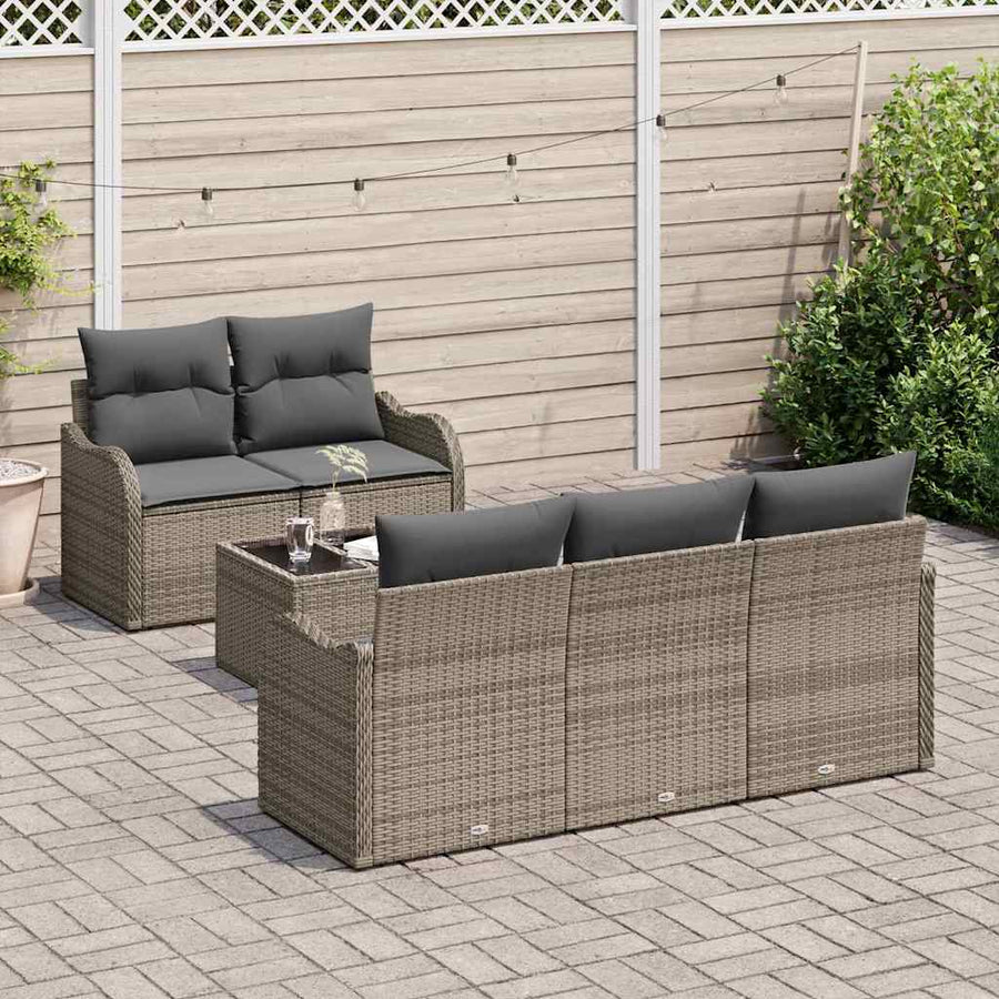 Tuin Sofa Set met kussen 6 pcs Grijs Poly rattan, staal en glas