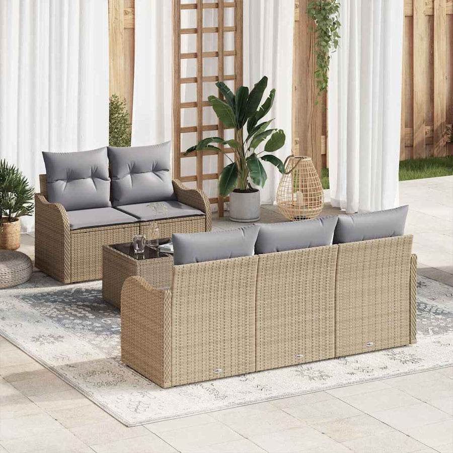 Tuin Sofa Set 6 pcs Beige en Grijs Poly rattan, staal en glas