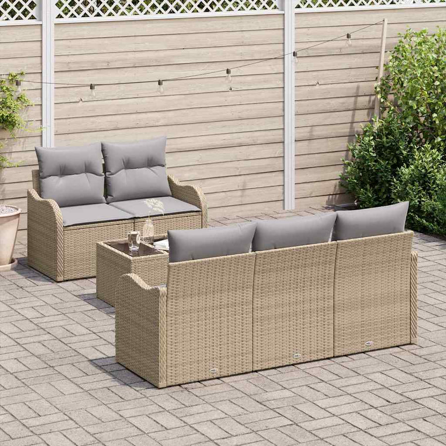 Tuin Sofa Set 6 pcs Beige en Grijs Poly rattan, staal en glas