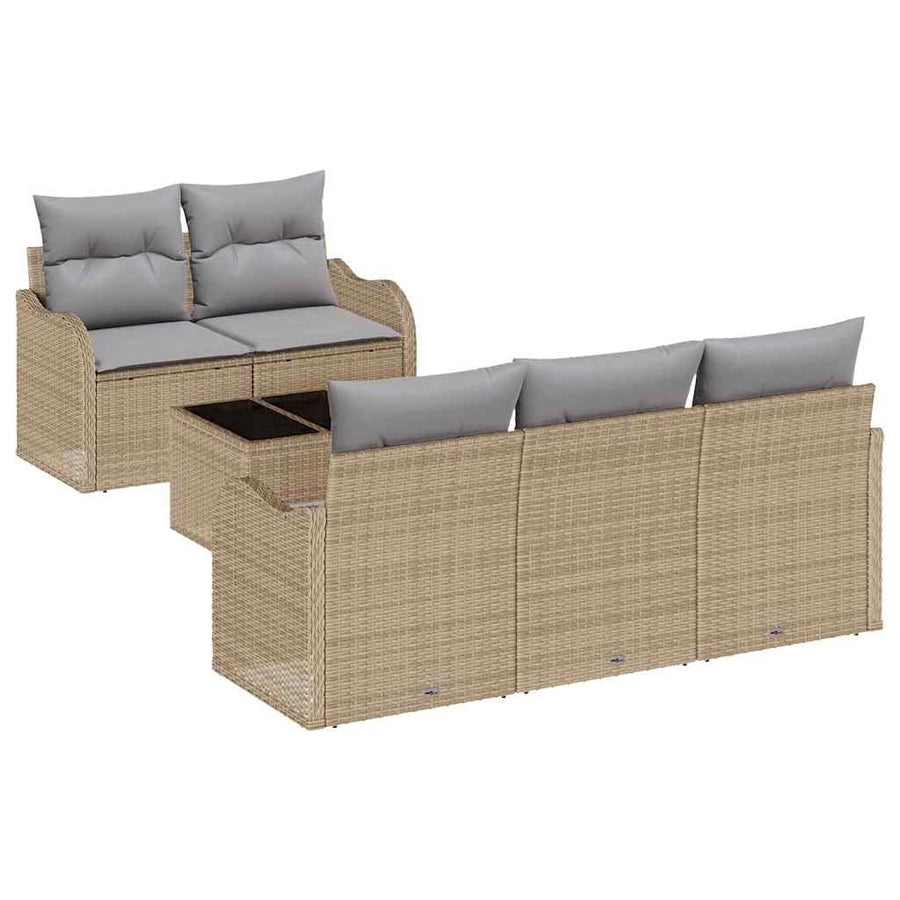 Tuin Sofa Set 6 pcs Beige en Grijs Poly rattan, staal en glas
