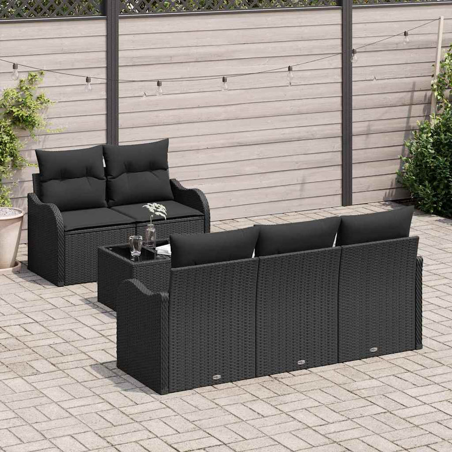 Tuin Sofa Set met kussen 6 pcs Zwart Poly rattan, staal en glas