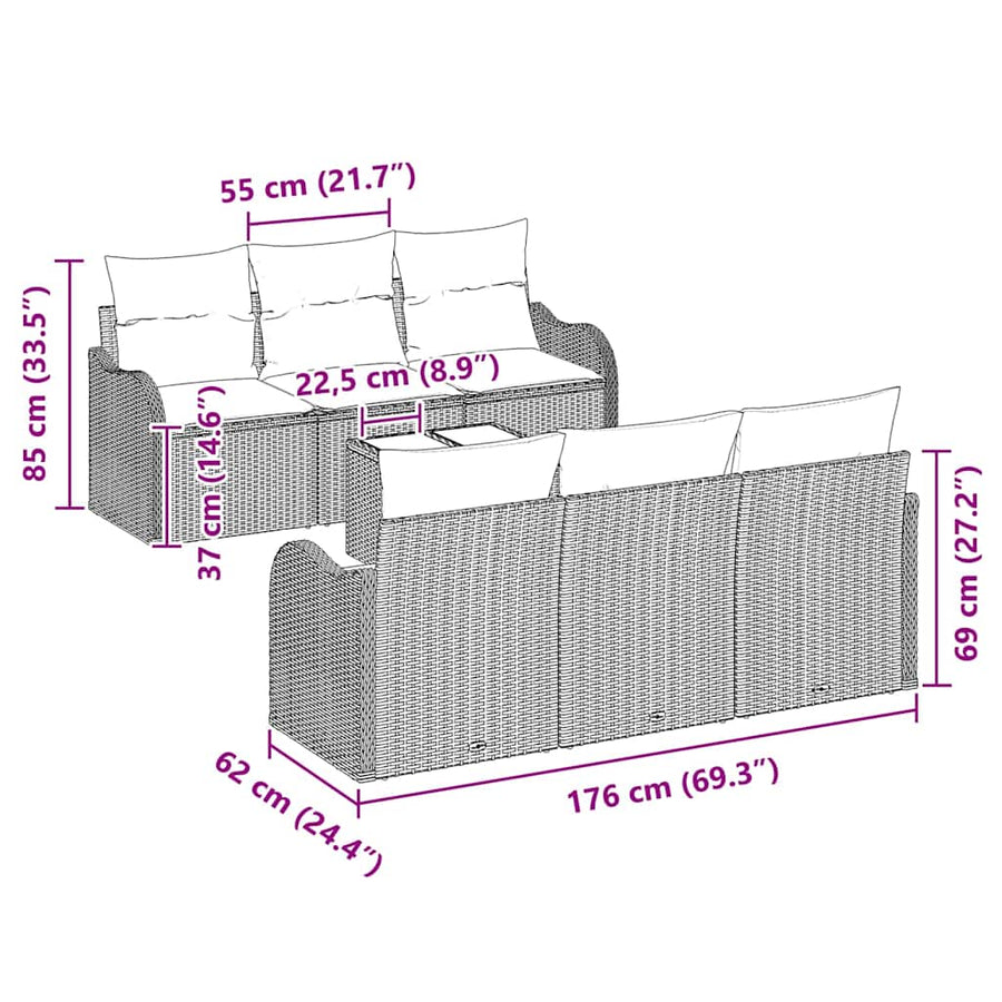 Tuin Sofa Set 7 pcs Zwart en Crème Poly rattan, staal en glas