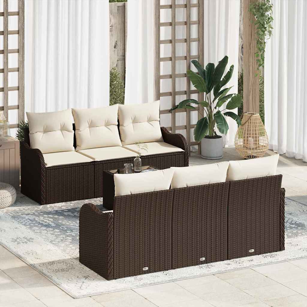 Tuin Sofa Set 7 pcs Bruin en Crème Poly rattan, staal en glas