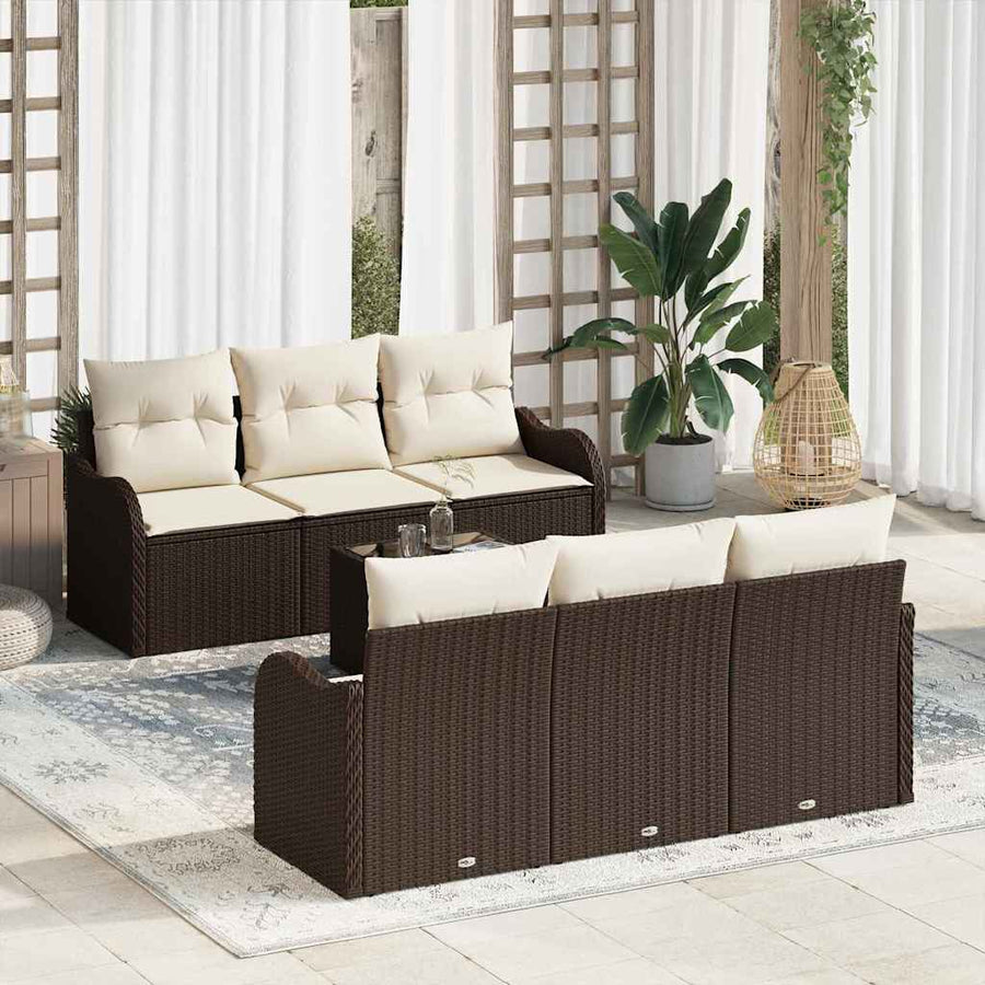 Tuin Sofa Set 7 pcs Bruin en Crème Poly rattan, staal en glas