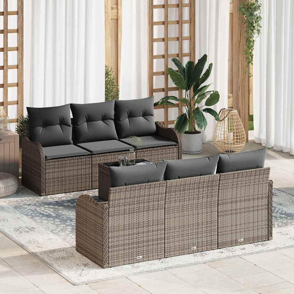 Tuin Sofa Set met kussen 7 pcs Grijs Poly rattan, staal en glas