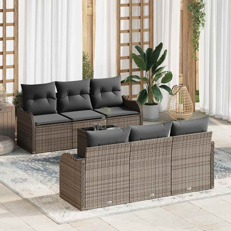 Tuin Sofa Set met kussen 7 pcs Grijs Poly rattan, staal en glas