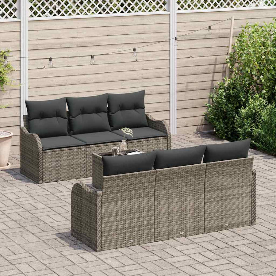 Tuin Sofa Set met kussen 7 pcs Grijs Poly rattan, staal en glas