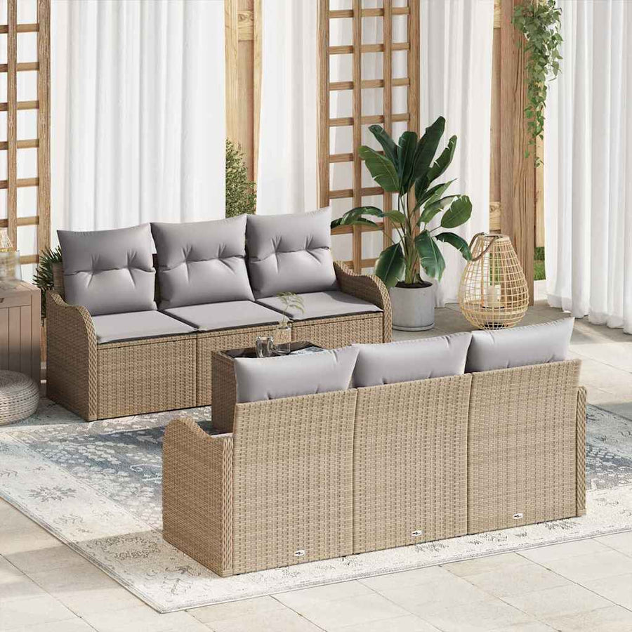 Tuin Sofa Set 7 pcs Beige en Grijs Poly rattan, staal en glas