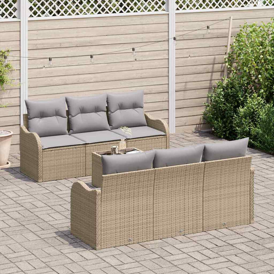Tuin Sofa Set 7 pcs Beige en Grijs Poly rattan, staal en glas