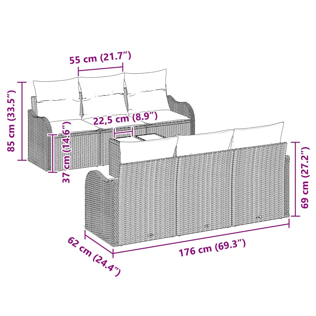 Tuin Sofa Set 7 pcs Beige en Grijs Poly rattan, staal en glas