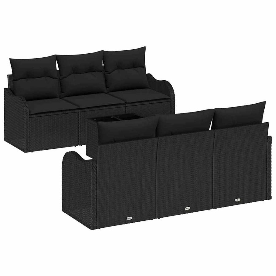 Tuin Sofa Set met kussen 7 pcs Zwart Poly Riet en Staal en Glas
