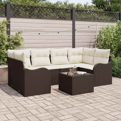 Tuin Sofa Set 7 pcs Bruin en Crème Poly rattan, staal en glas