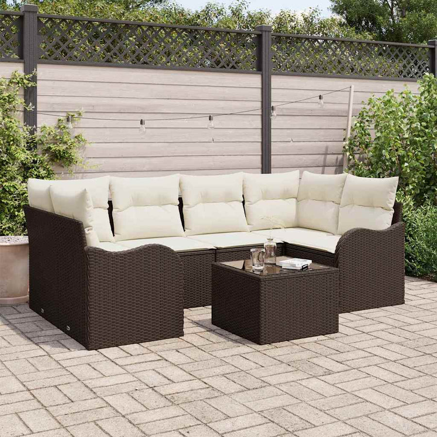 Tuin Sofa Set 7 pcs Bruin en Crème Poly rattan, staal en glas