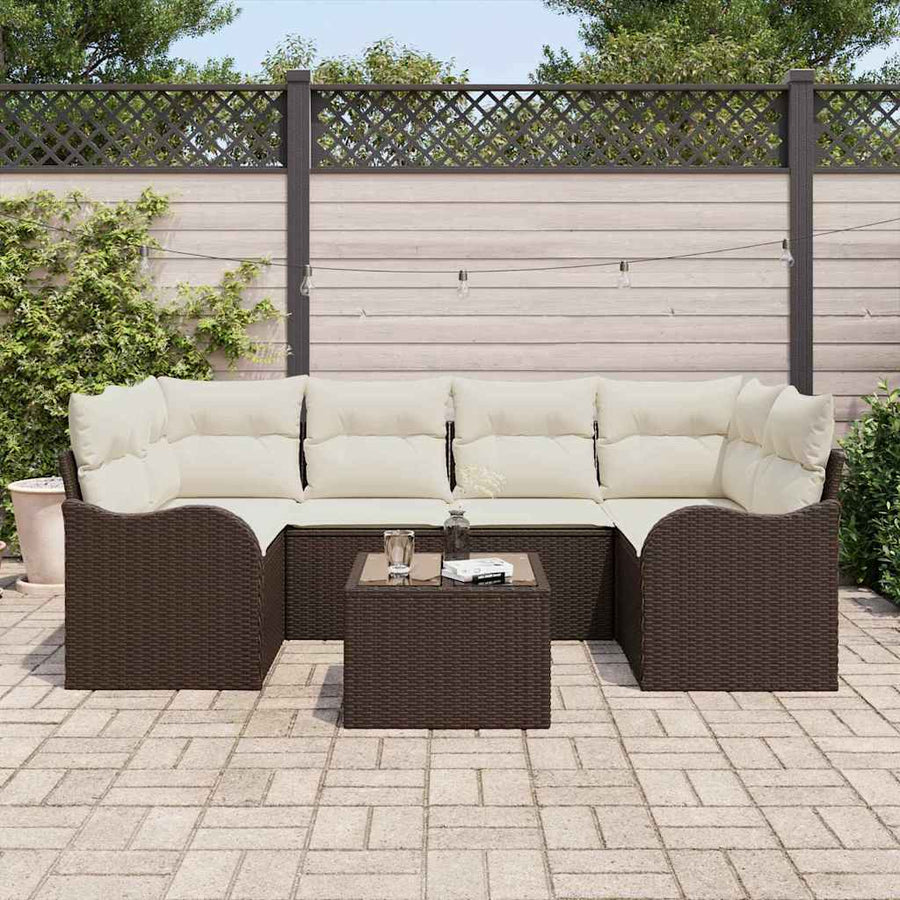 Tuin Sofa Set 7 pcs Bruin en Crème Poly rattan, staal en glas