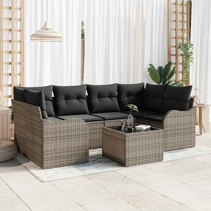 Tuin Sofa Set met kussen 7 pcs Grijs Poly rattan, staal en glas
