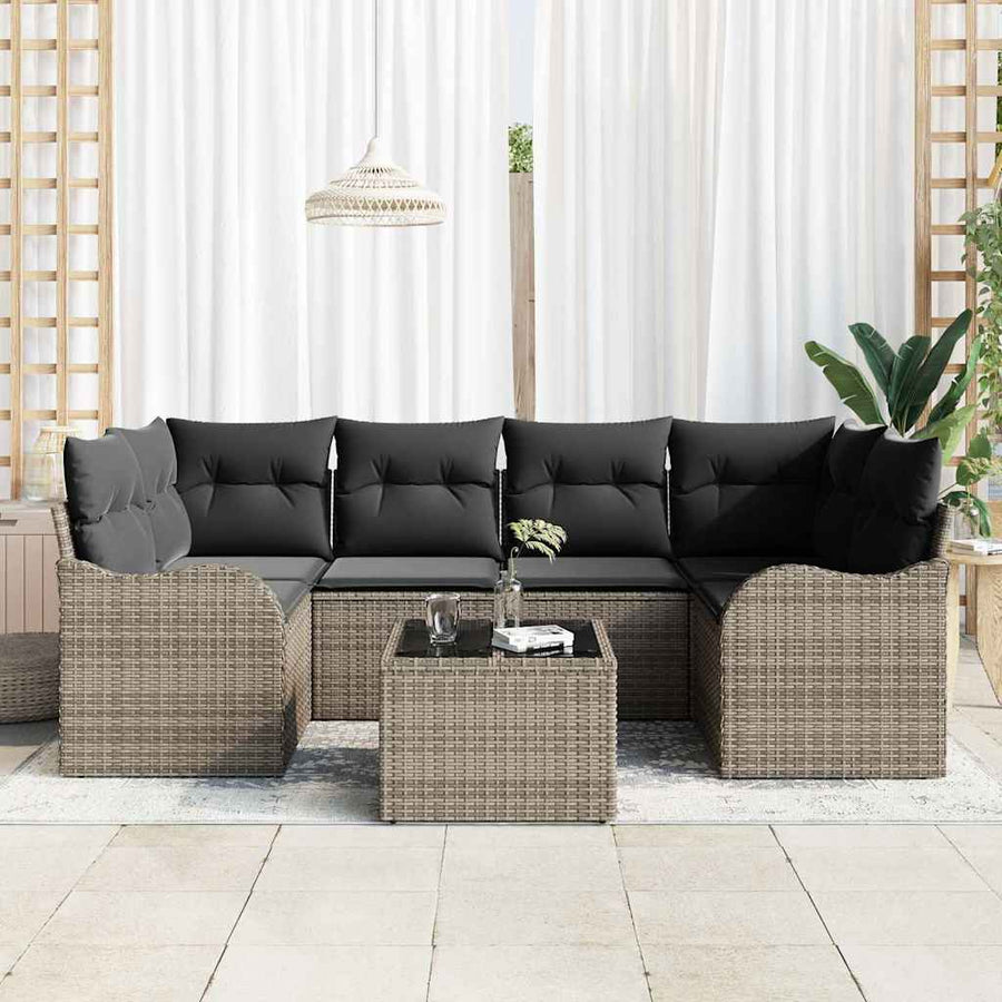 Tuin Sofa Set met kussen 7 pcs Grijs Poly rattan, staal en glas