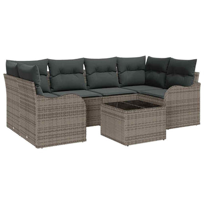 Tuin Sofa Set met kussen 7 pcs Grijs Poly rattan, staal en glas