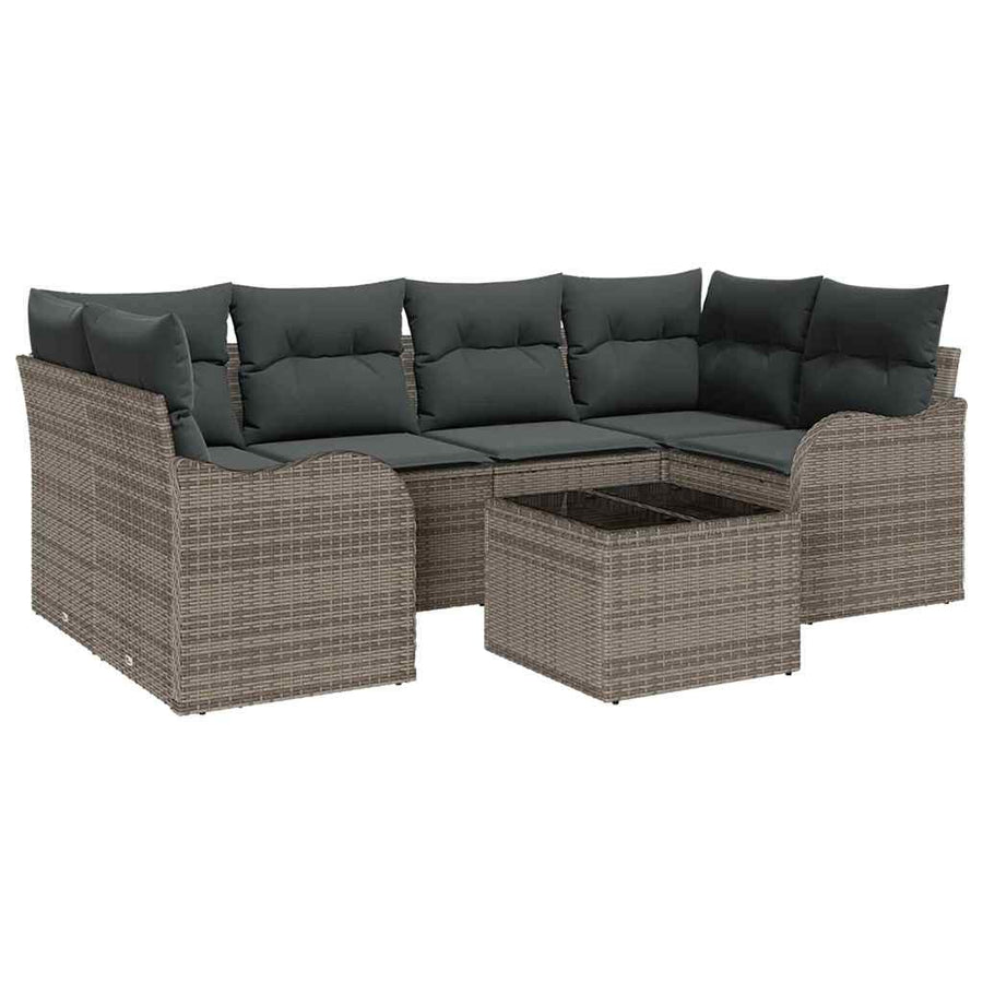 Tuin Sofa Set met kussen 7 pcs Grijs Poly rattan, staal en glas