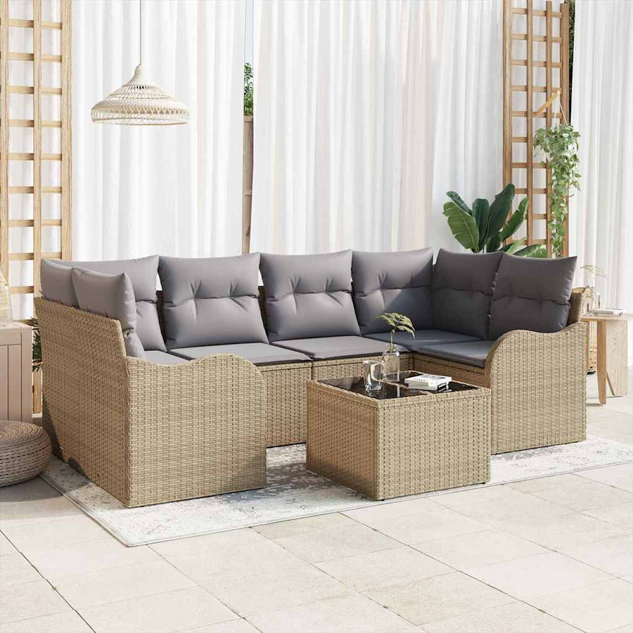 Tuin Sofa Set 7 pcs Beige en Grijs Poly rattan, staal en glas