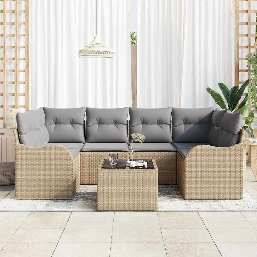 Tuin Sofa Set 7 pcs Beige en Grijs Poly rattan, staal en glas
