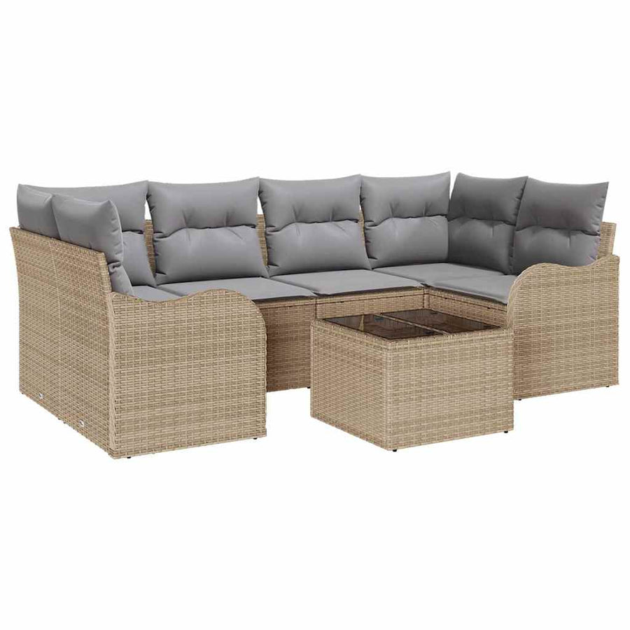 Tuin Sofa Set 7 pcs Beige en Grijs Poly rattan, staal en glas