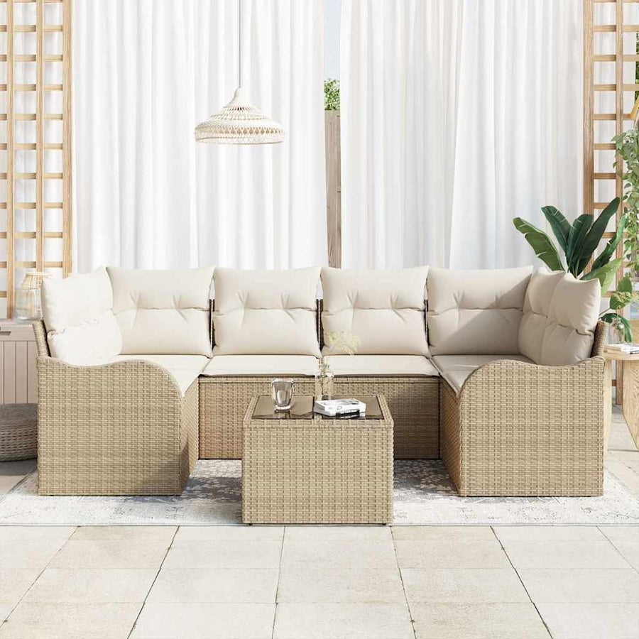 Tuin Sofa Set 7 pcs Beige en Crème Poly rattan, staal en glas