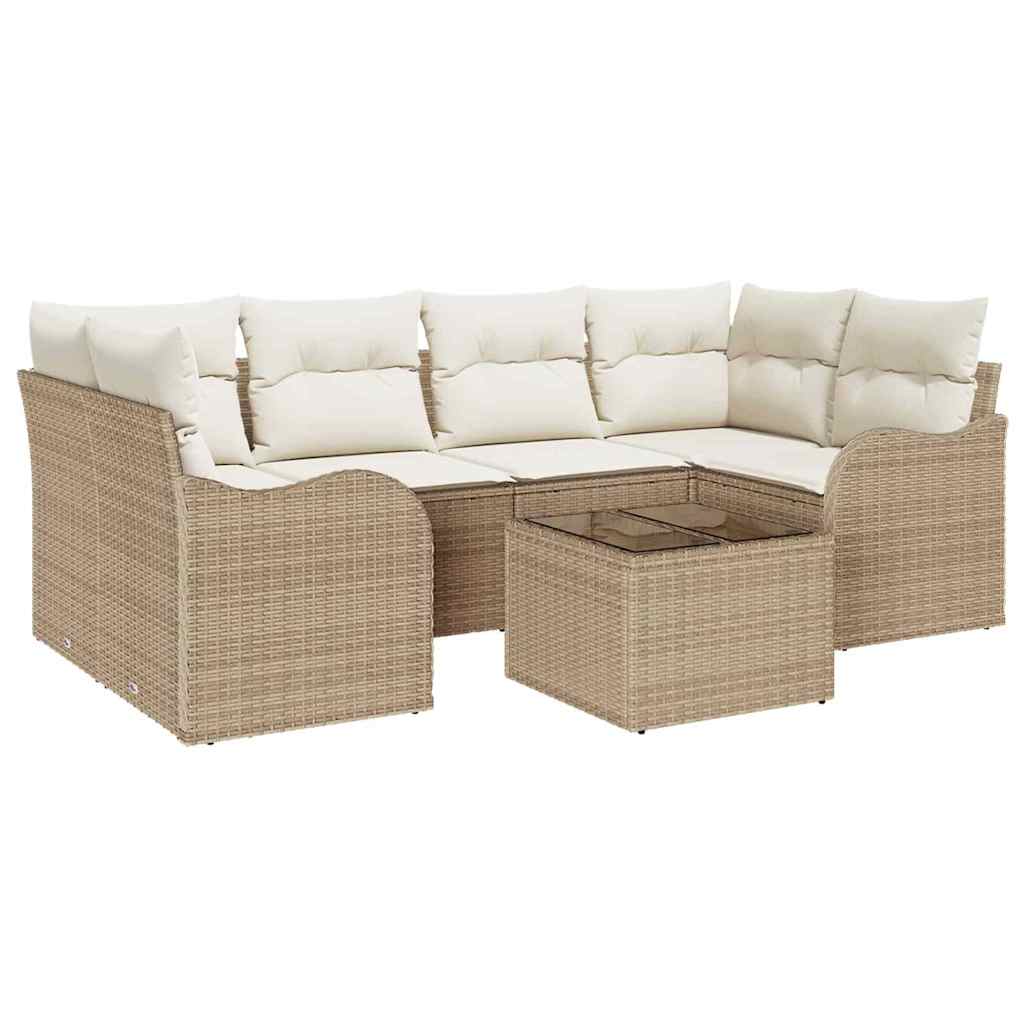 Tuin Sofa Set 7 pcs Beige en Crème Poly rattan, staal en glas