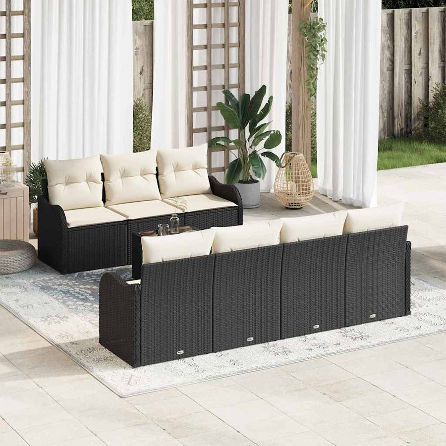 Tuin Sofa Set 8 pcs Zwart en Crème Poly Riet en Staal en Glas