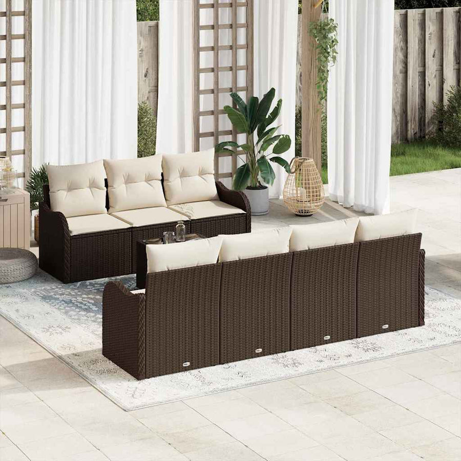 Tuin Sofa Set 8 pcs Bruin en Crème Poly Riet en Staal en Glas