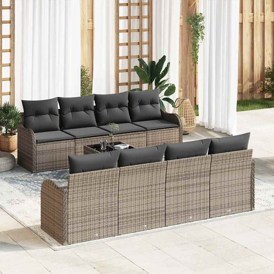 Tuin Sofa Set met kussen 9 pcs Grijs Poly Riet en Staal en Glas