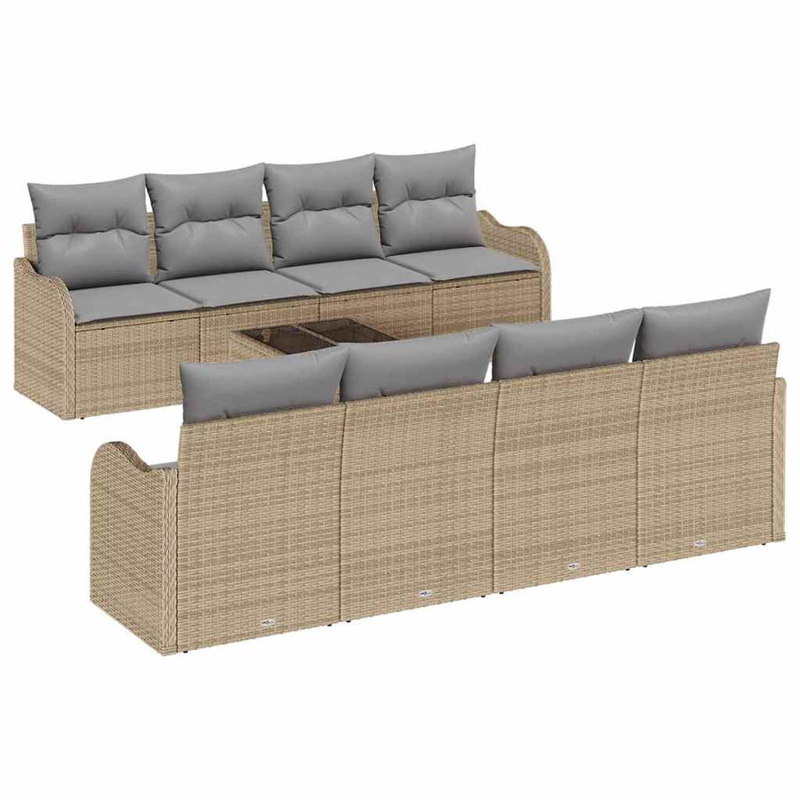 Tuin Sofa Set 9 pcs Beige en Grijs Poly rattan, staal en glas