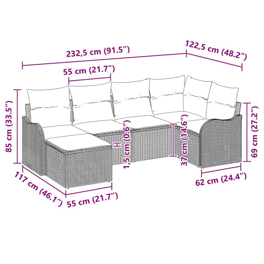 Tuin Sofa Set met kussen 6 pcs beige en lichtgrijs Poly riet