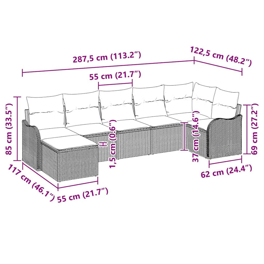 Tuin Sofa Set met kussen 7 pcs Lichtgrijs Poly riet