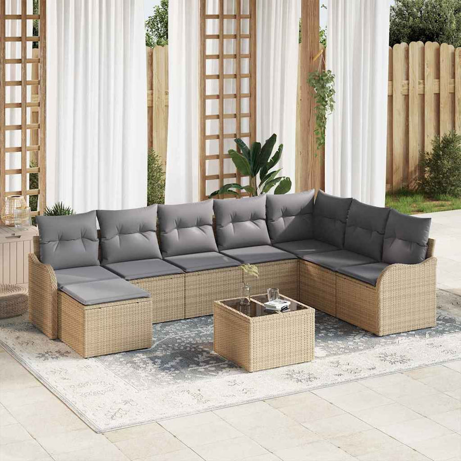 Tuin Sofa Set Met Kussen 9 Pcs Poly Riet beige en lichtgrijs met tafel