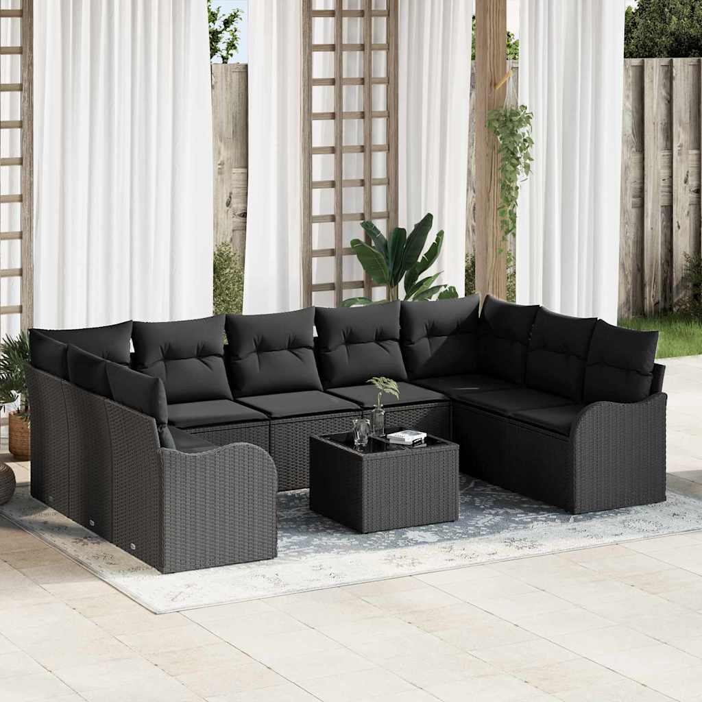 Tuin Sofa Set met kussen 10 pcs Zwart Poly riet