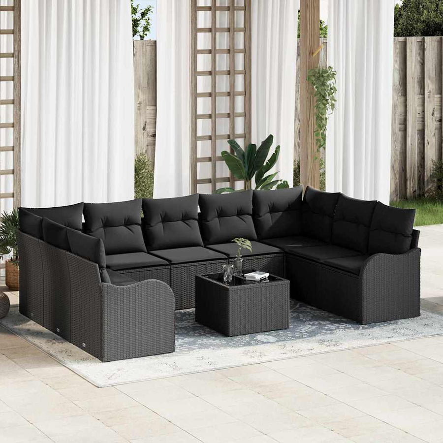 Tuin Sofa Set met kussen 10 pcs Zwart Poly riet