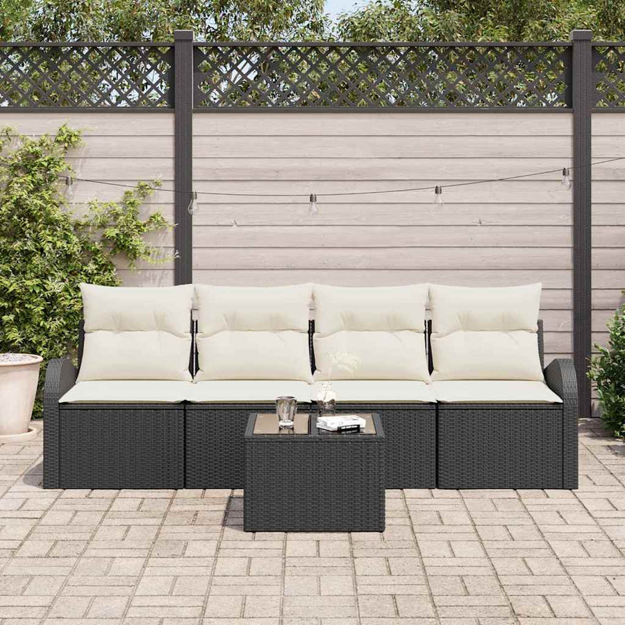 Tuin Sofa Set 5 pcs Zwart en Crème Poly rattan, staal en glas