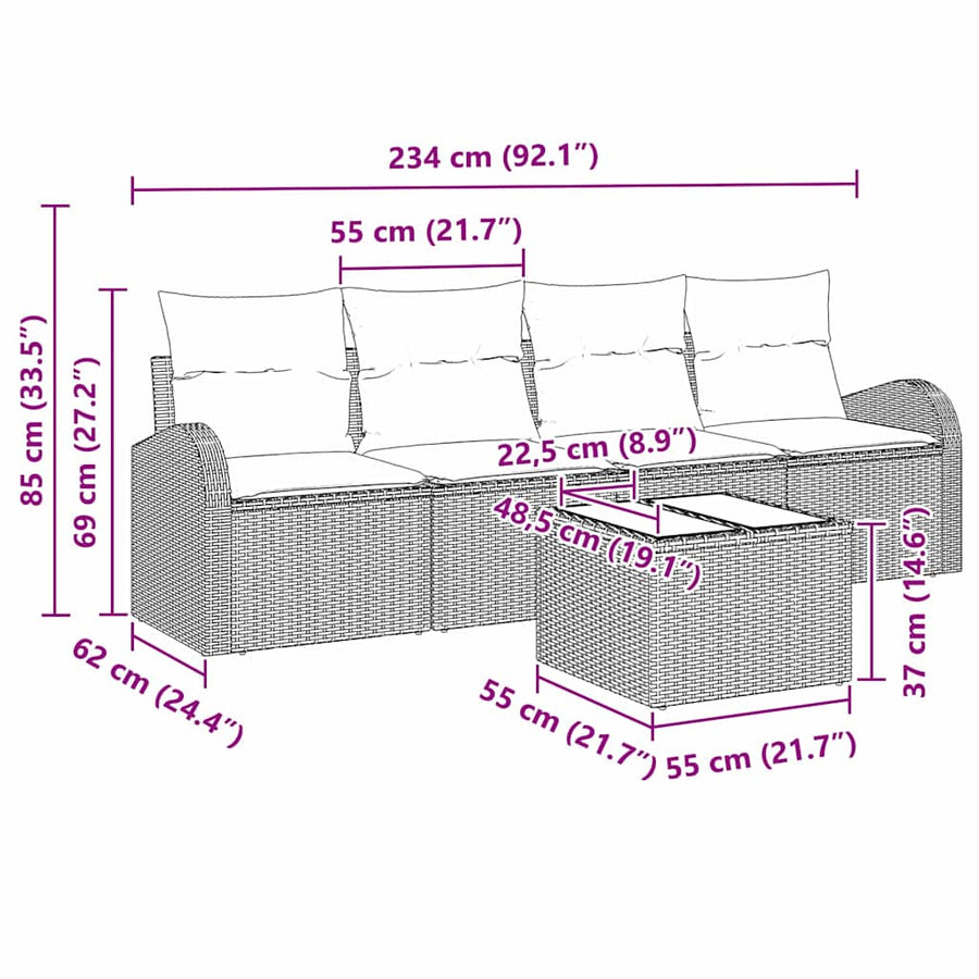 Tuin Sofa Set 5 pcs Zwart en Crème Poly rattan, staal en glas