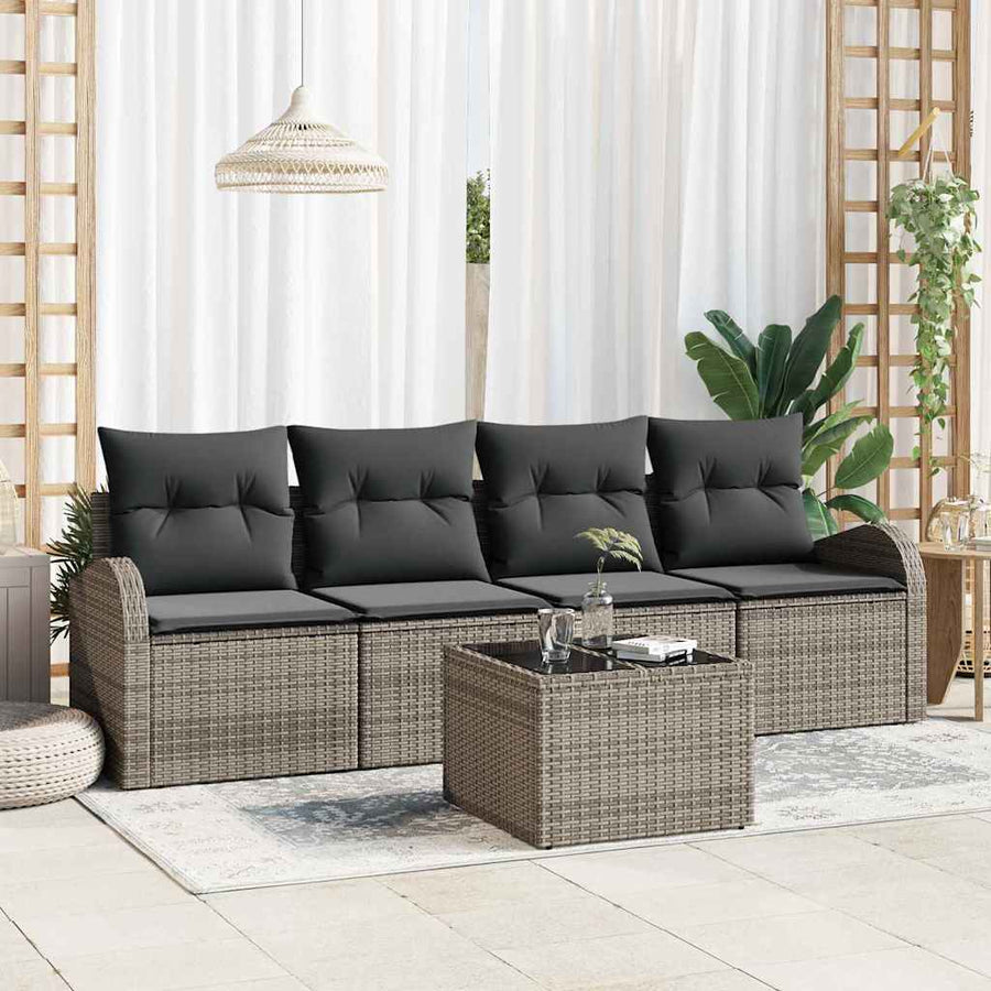 Tuin Sofa Set met kussen 5 pcs Grijs Poly rattan, staal en glas