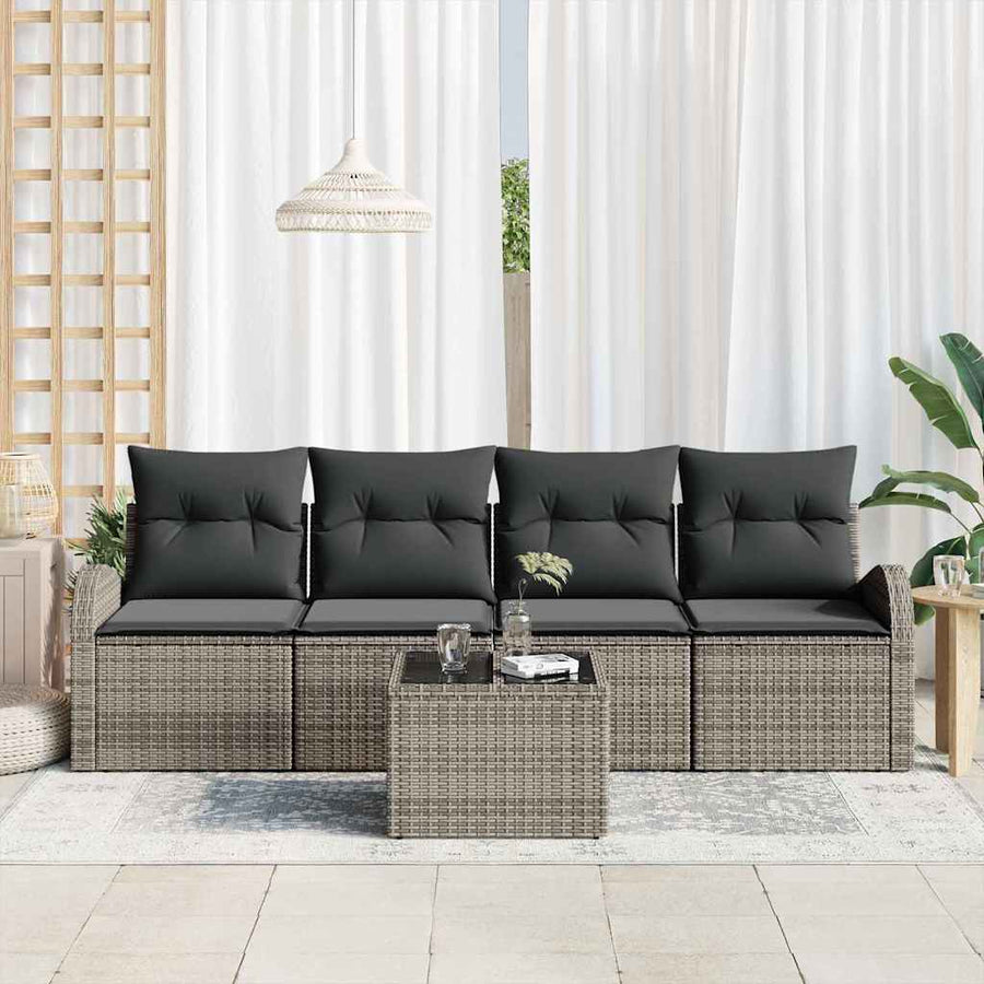 Tuin Sofa Set met kussen 5 pcs Grijs Poly rattan, staal en glas