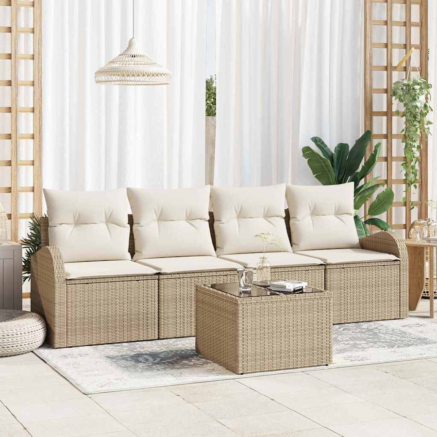Tuin Sofa Set 5 pcs Beige en Crème Poly rattan, staal en glas