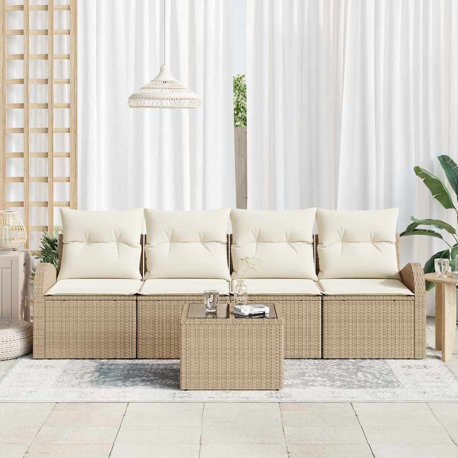 Tuin Sofa Set 5 pcs Beige en Crème Poly rattan, staal en glas