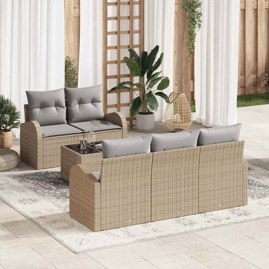 Tuin Sofa Set 6 pcs Beige en Grijs Poly rattan, staal en glas