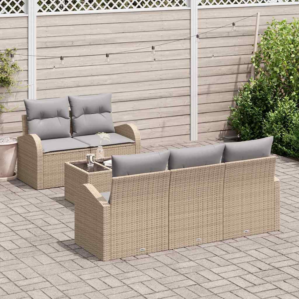 Tuin Sofa Set 6 pcs Beige en Grijs Poly rattan, staal en glas