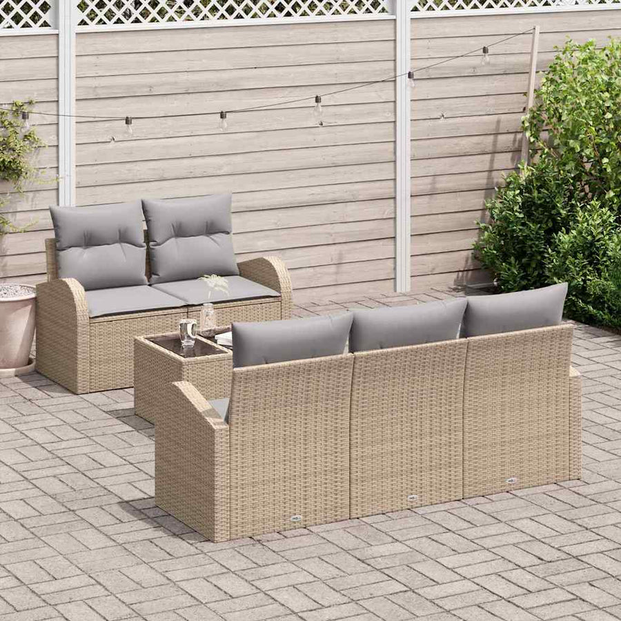 Tuin Sofa Set 6 pcs Beige en Grijs Poly rattan, staal en glas