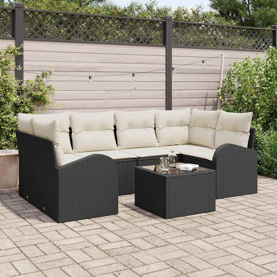 Tuin Sofa Set 7 pcs Zwart en Crème Poly rattan, staal en glas